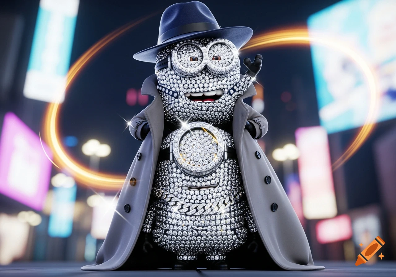 A diamond-covered Minion character wearing a fedora and a trench coat, with shining diamonds, stands at night in a city street with blurry neon lights in the background. An orange light trail orbits the Minion.