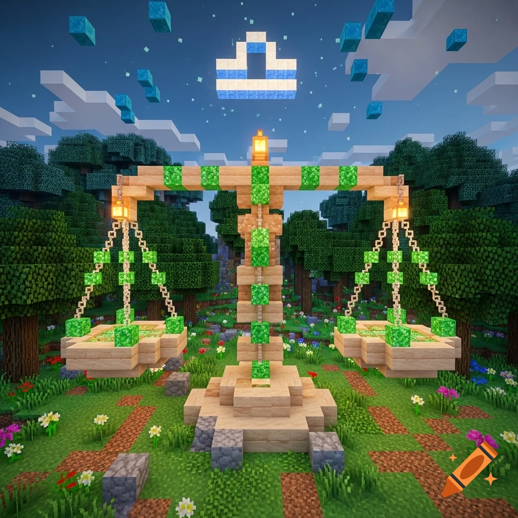 A Minecraft-style build of a large wooden scale with green accents, representing Libra, in a vibrant forest with a clear sky and floating blue cubes.