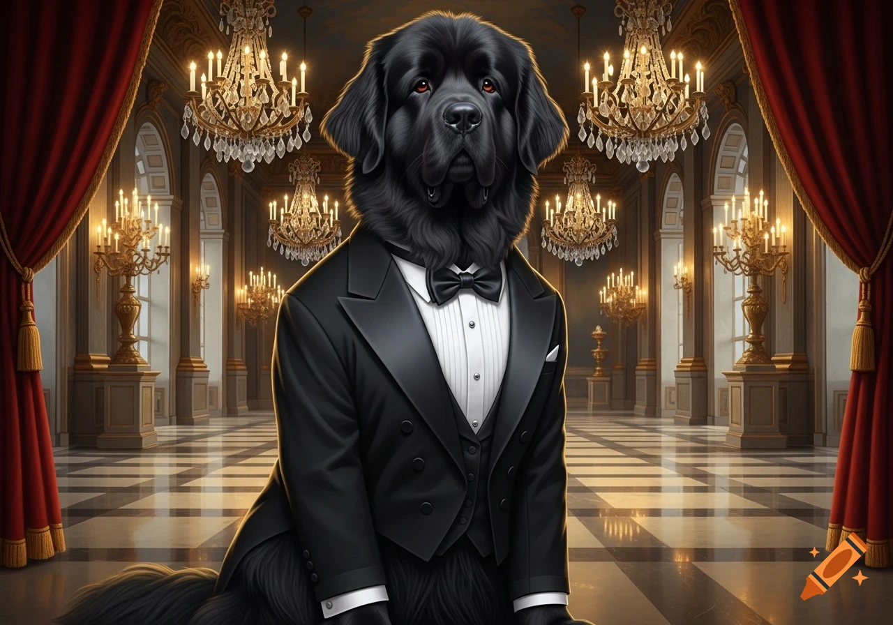 A majestic black Newfoundland dog in a tuxedo sits in a grand, chandelier-filled ballroom with red curtains.