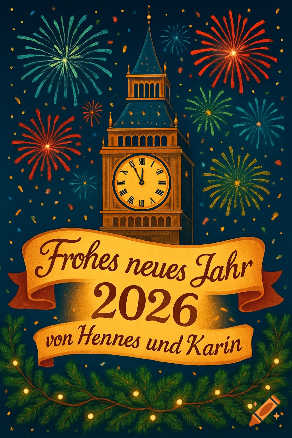 Illustration of a clock tower at midnight surrounded by colorful fireworks, with a banner reading 'Frohes neues Jahr 2026 von Hennes und Karin' and a festive garland.