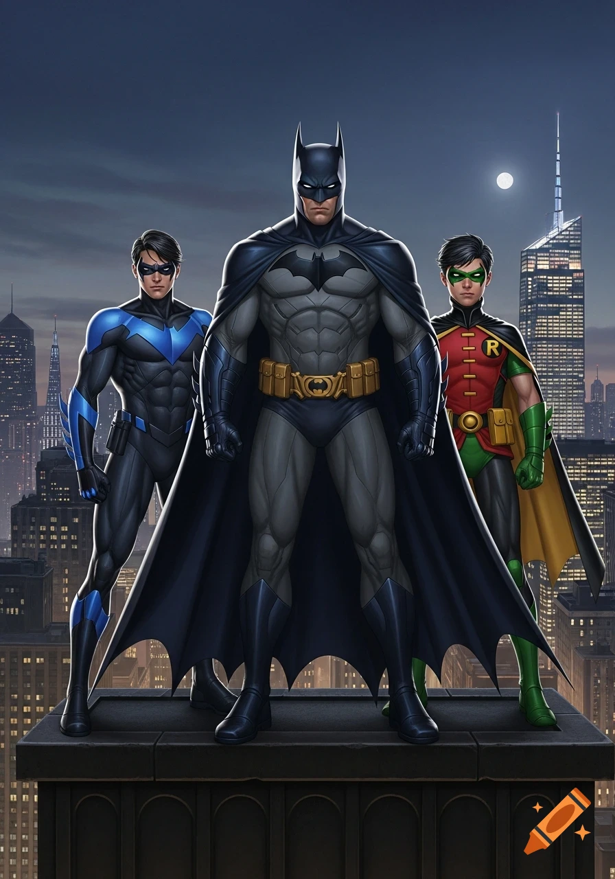 Batman, Nightwing, and Robin stand on a rooftop overlooking a city skyline at dusk, in a comic art style.