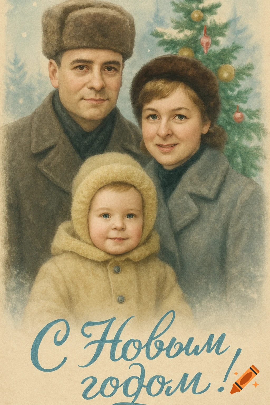 A vintage illustration of a family in winter coats and hats, with a decorated Christmas tree behind them and 'Happy New Year!' in Russian.