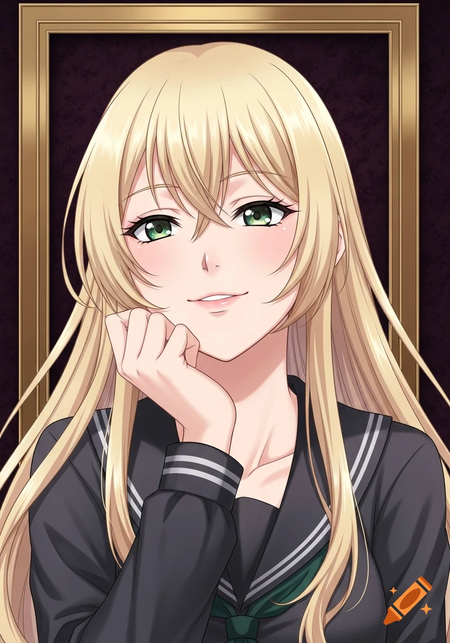 Anime portrait of a blonde woman in a school uniform, with green eyes and a mischievous smirk, set in a golden frame.