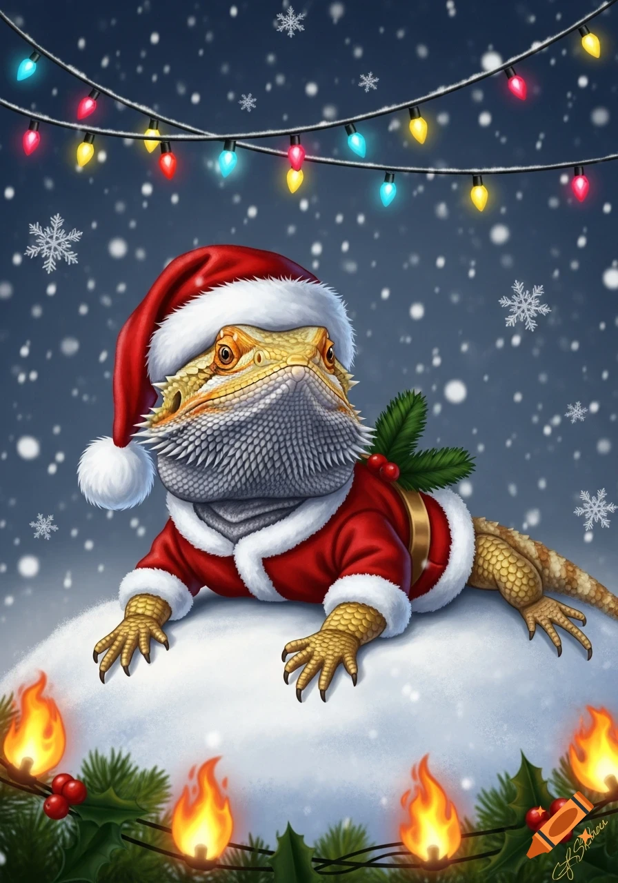 An illustration of a bearded dragon in a Santa costume, sitting on snow under colorful Christmas lights with falling snowflakes and holly.
