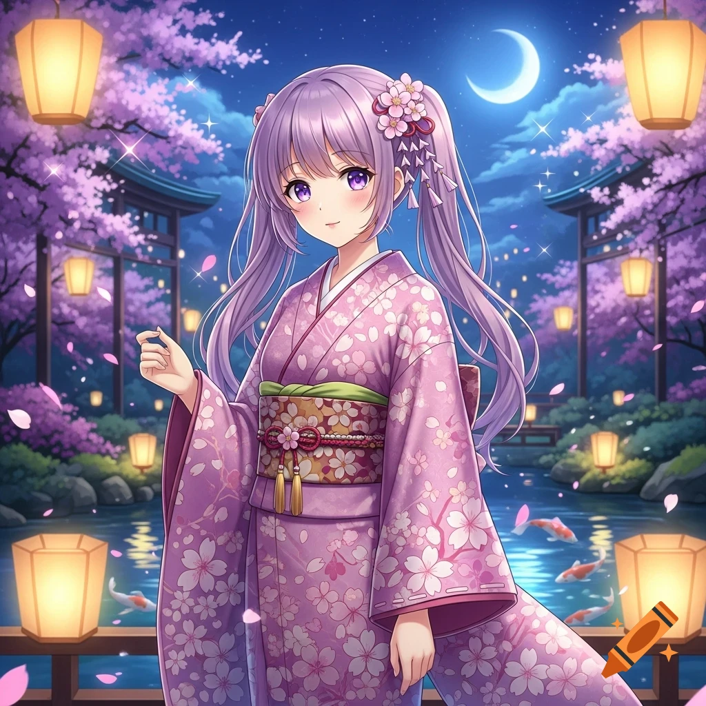 An anime girl with purple hair and a pink, cherry blossom patterned kimono stands in a moonlit Japanese garden with lanterns and a pond.