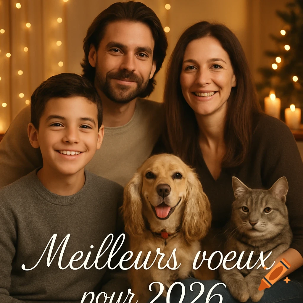 Smiling family with a boy, man, woman, a dog, and a cat in a festive setting with lights. Text: 'Meilleurs vœux pour 2026'.