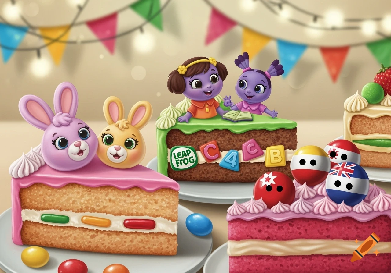Colorful cartoon cake slices featuring character heads, including two bunnies, two purple alien-like friends, and countryball flag characters, all set against a festive background with string lights and bunting.