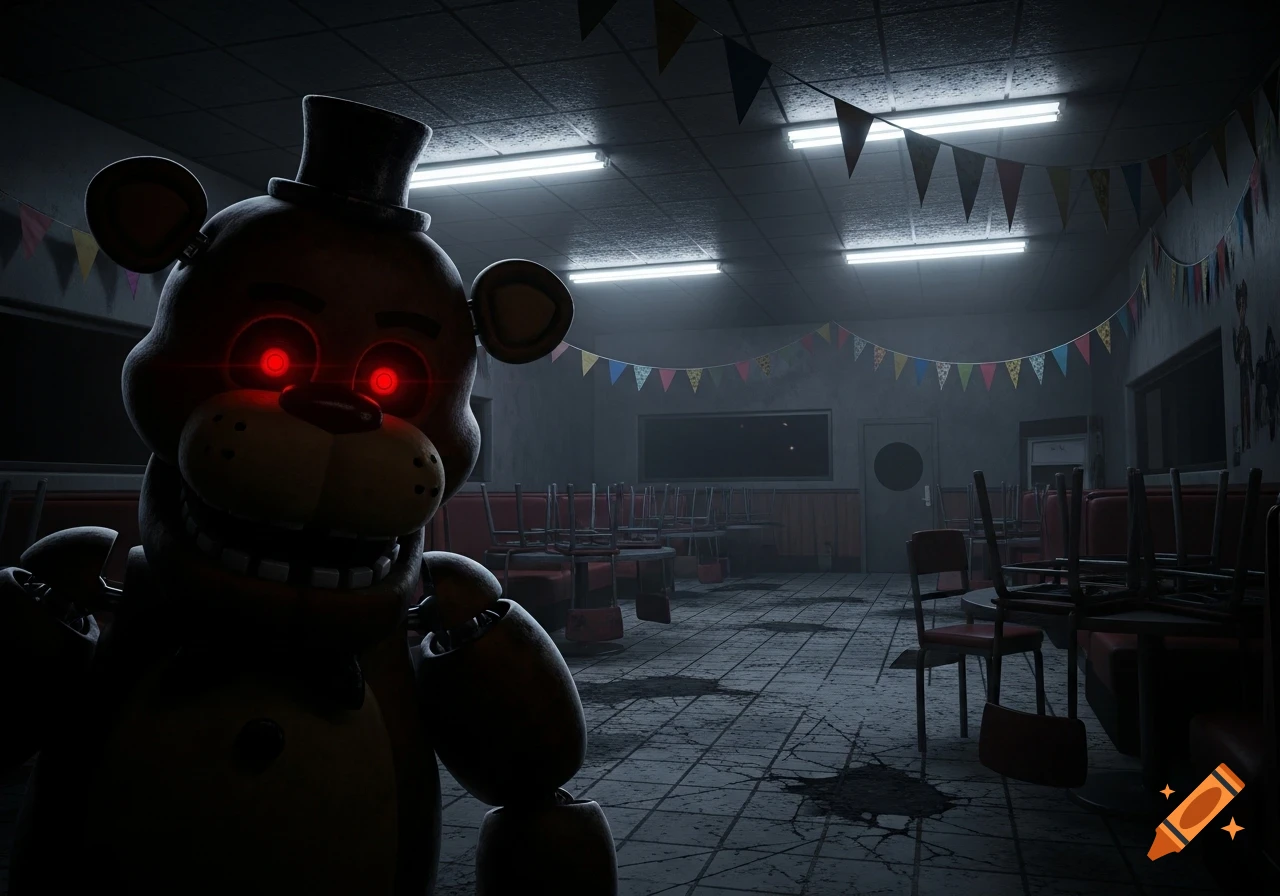 A dark animatronic bear with glowing red eyes in a desolate, abandoned party room with overturned furniture and string lights.