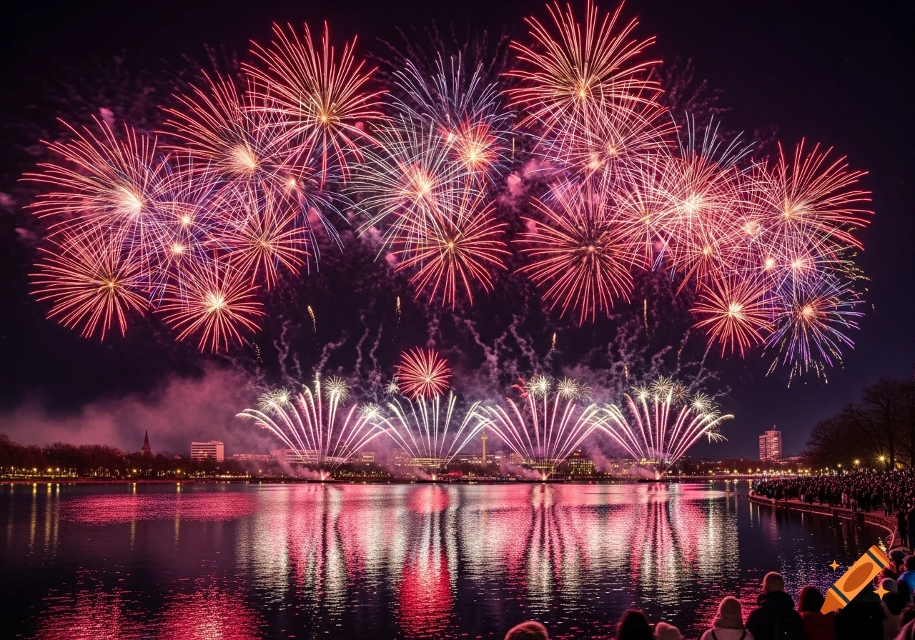 Vibrant fireworks illuminate a dark lake with reflections, a distant city skyline, and a crowd watching from the shore at night.