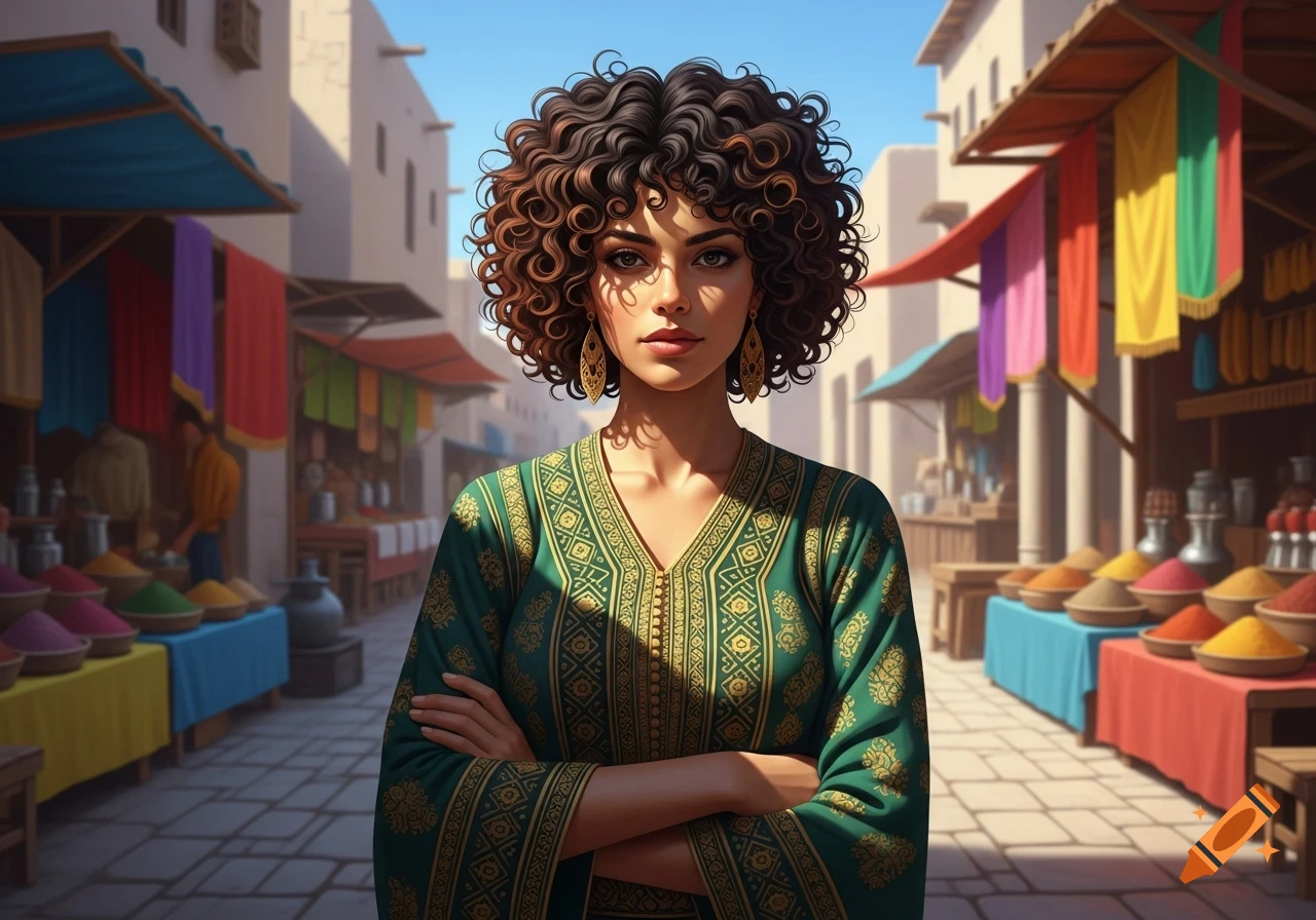 A woman with curly dark hair and a patterned green traditional dress stands with crossed arms in a vibrant marketplace filled with spices.