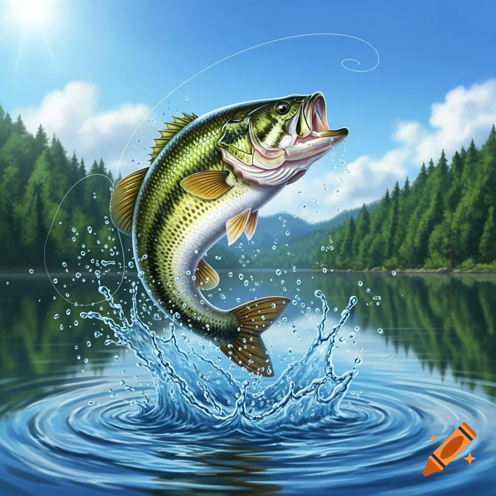 A large mouth bass fish leaps dramatically out of a blue lake, creating a splash, with a forest and blue sky.