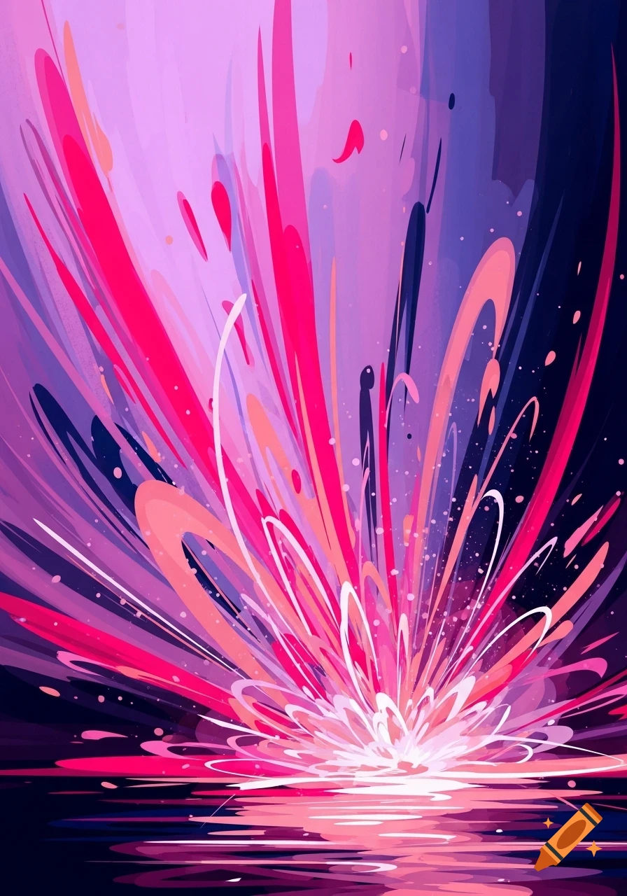 Abstract vibrant explosion of pink, fuchsia, and purple light with reflections on a dark surface, digital art.