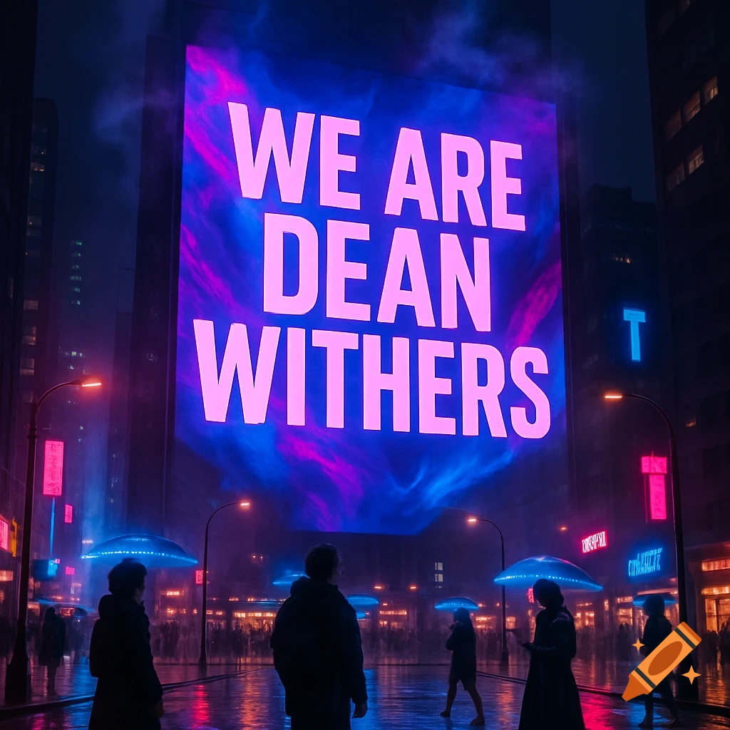 A dark, neon-lit city street at night, with people silhouetted against wet, reflective pavement. A massive billboard glows with the text "WE ARE DEAN WITHERS" in bright pink and blue hues.