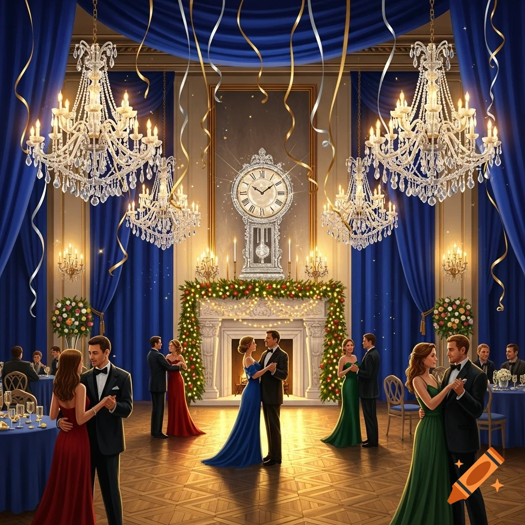 Couples dance in a grand ballroom decorated with blue drapes, sparkling chandeliers, festive garlands, and a large grandfather clock.