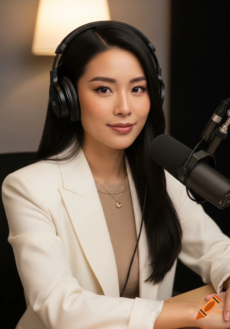 Photorealistic portrait of a confident East Asian woman in studio headphones with a microphone, wearing a cream blazer at a podcast desk.