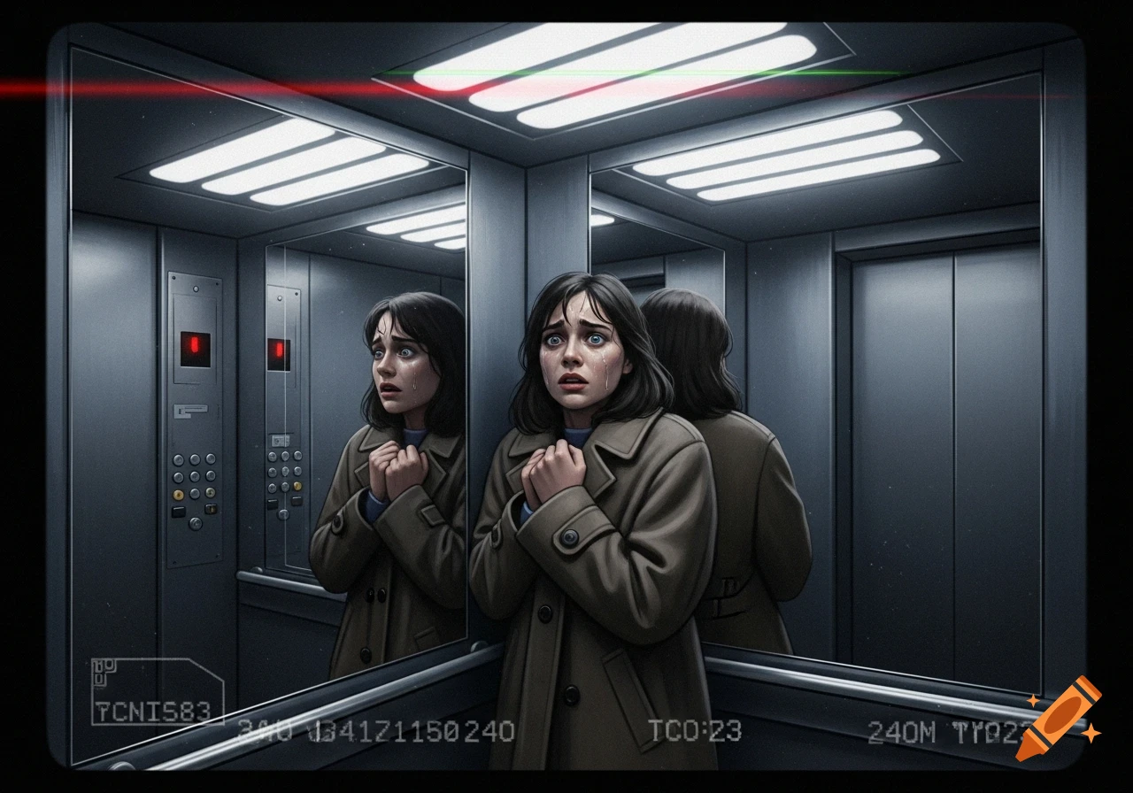 A scared woman in a trench coat is seen crying in a dimly lit elevator, framed by a retro CCTV camera footage filter.