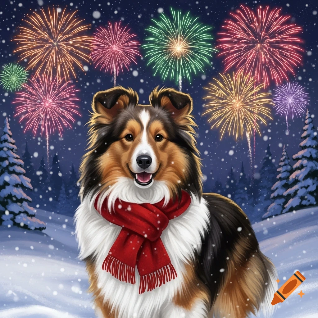 A Sheltie dog in a red scarf stands in a snowy forest at night, with colorful fireworks exploding above.