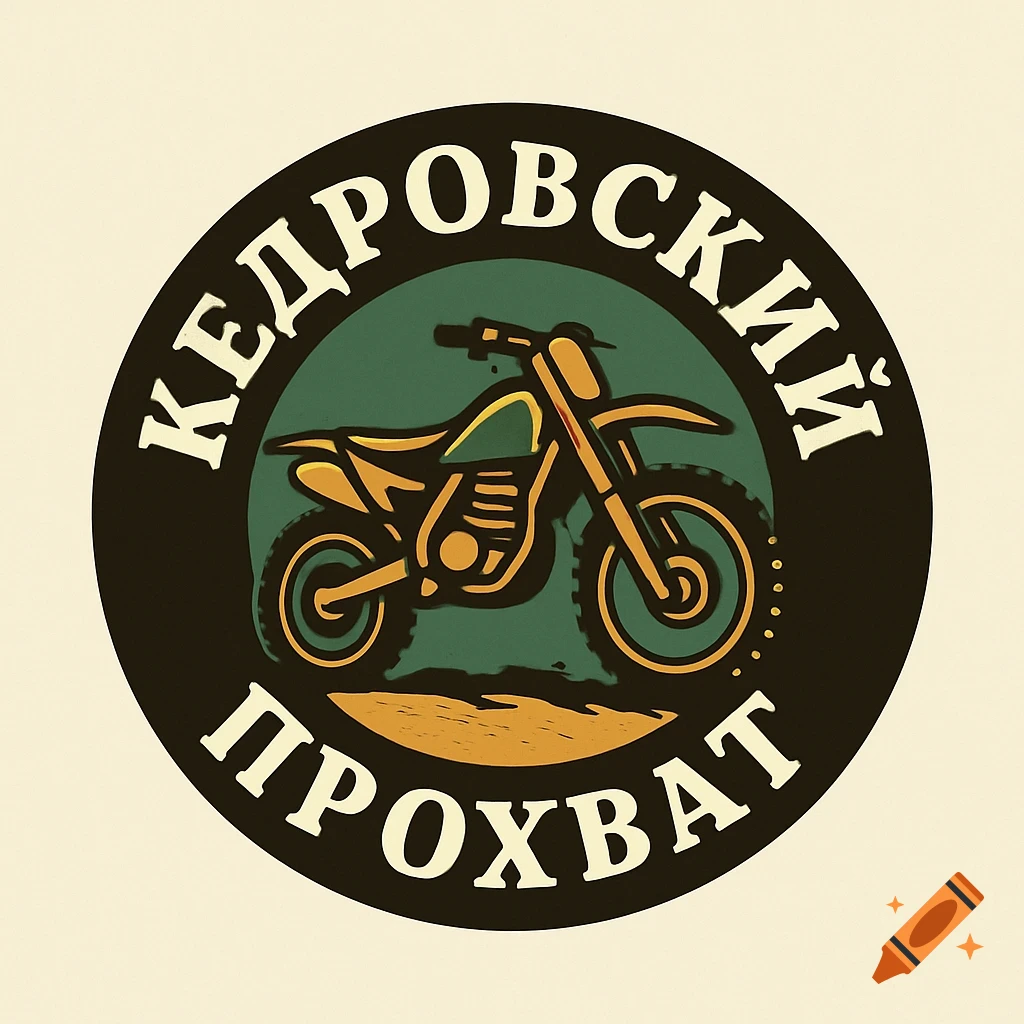 A circular vintage badge logo with an enduro motorcycle in green and gold, on a dark green background. White text 'КЕДРОВСКИЙ ПРОХВАТ' encircles the image.