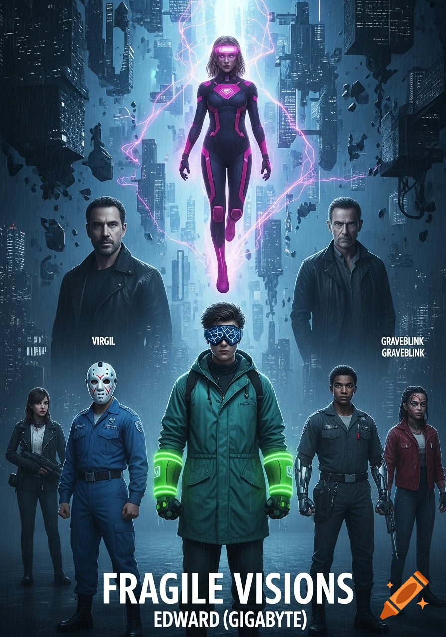A dark, cinematic superhero movie poster featuring a female hero floating above a fractured city, surrounded by a diverse team below in the rain.