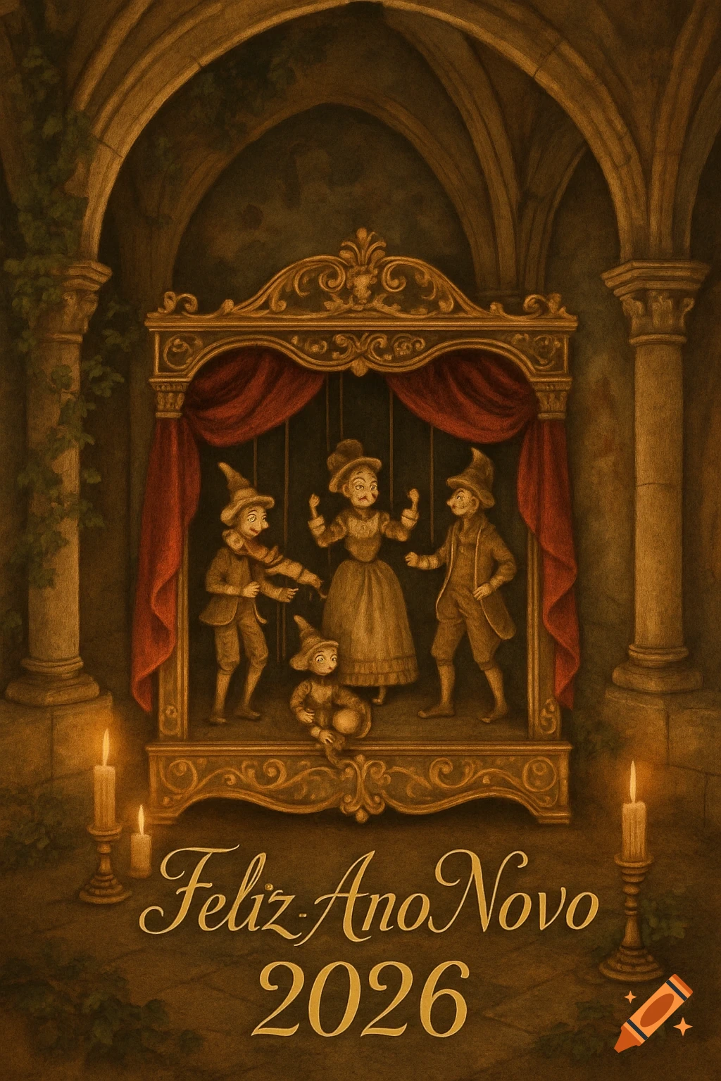 Festive illustration of marionette figures on a stage within a Gothic archway, with candles and 'Feliz Ano Novo 2026' text.