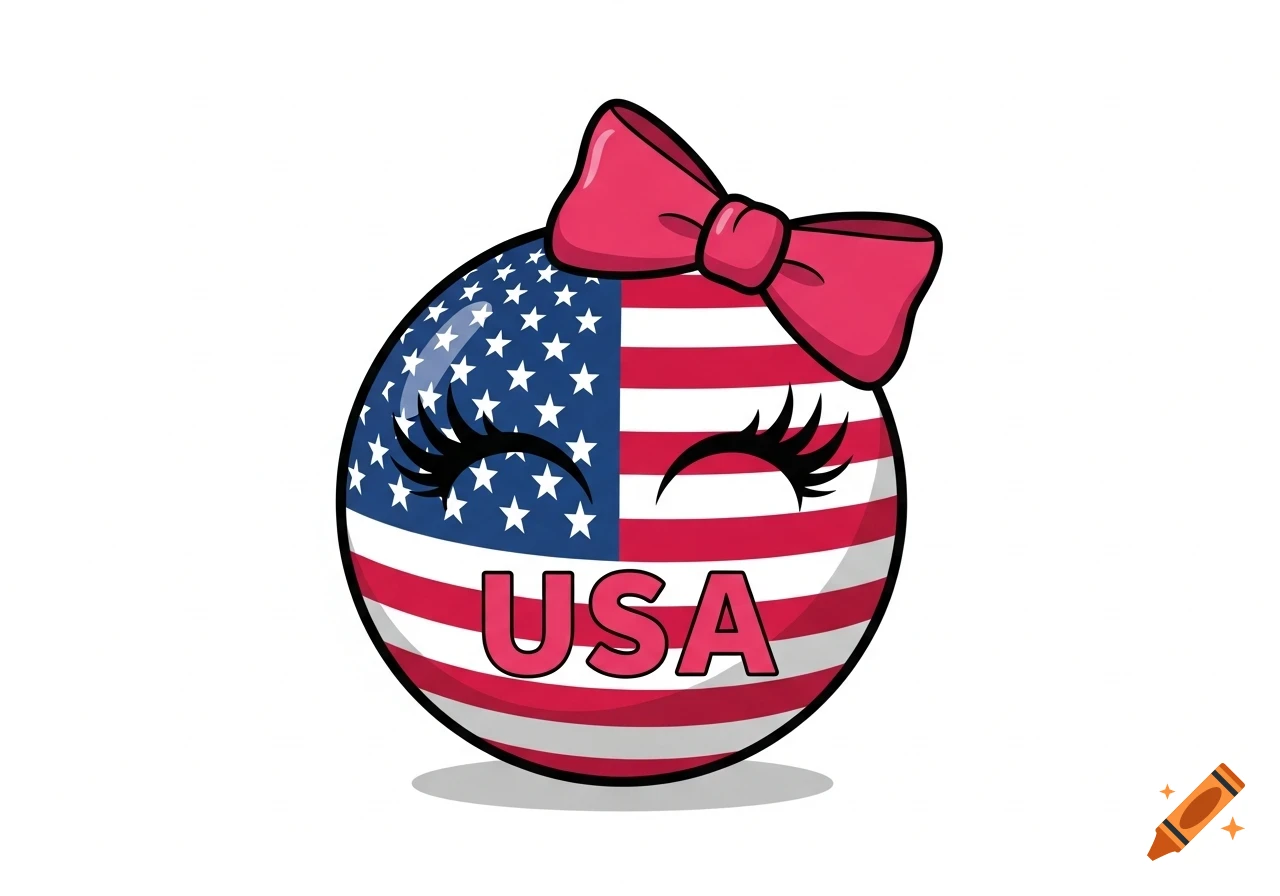 A cartoon American flag country ball character with long eyelashes, a pink bow, and the text 'USA' on its front.