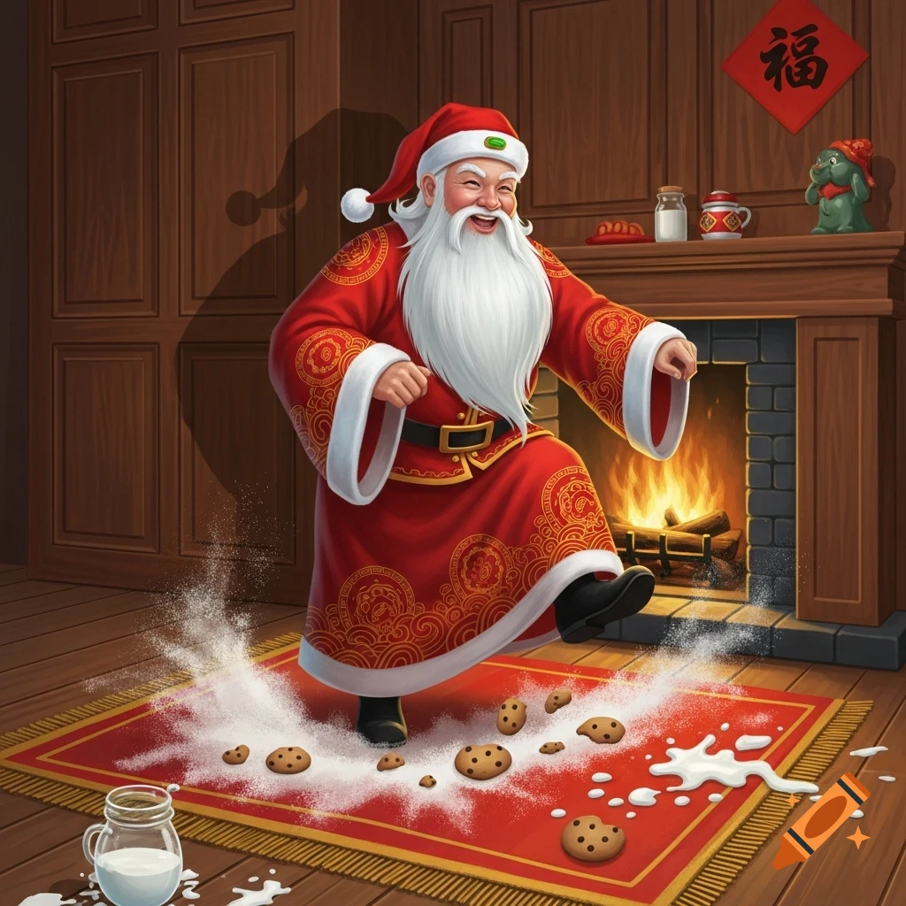 A cheerful Chinese Santa in a red ornate suit steps on a rug, scattering cookies and spilling milk from a pitcher, by a fireplace.