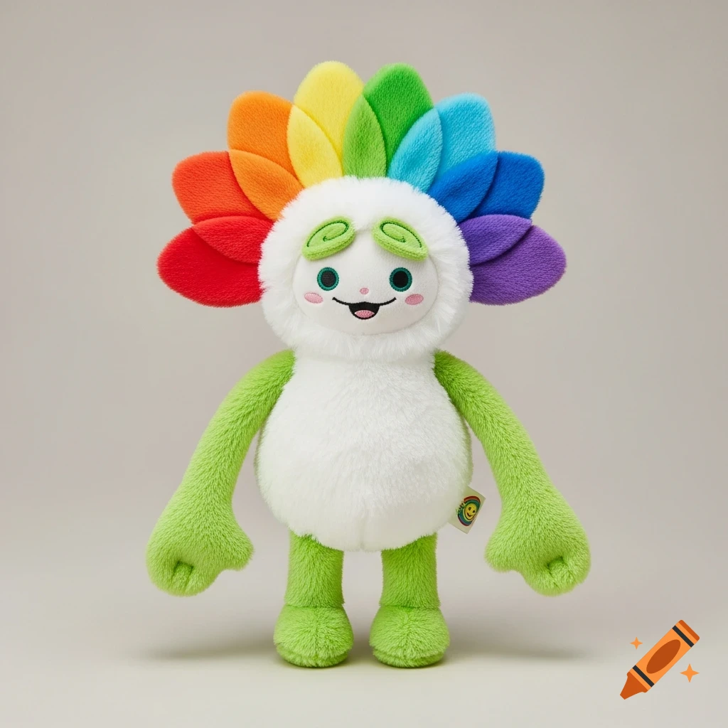 A fluffy white plush toy with lime green arms and legs and a head topped with rainbow-colored petals, standing on a light background.