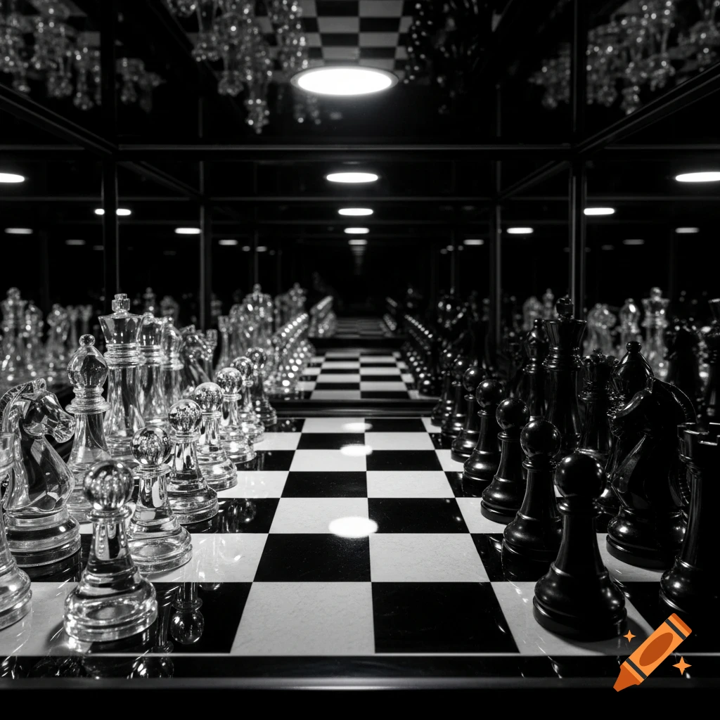 Low-angle close-up of a chessboard in a mirror box. Clear crystal white pieces face black pieces under bright light, creating endless reflections.