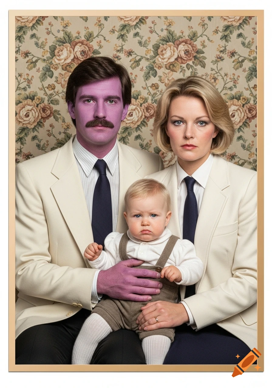 1980s family portrait with a man with purple skin, a woman, and a baby, all with stern expressions, against floral wallpaper.