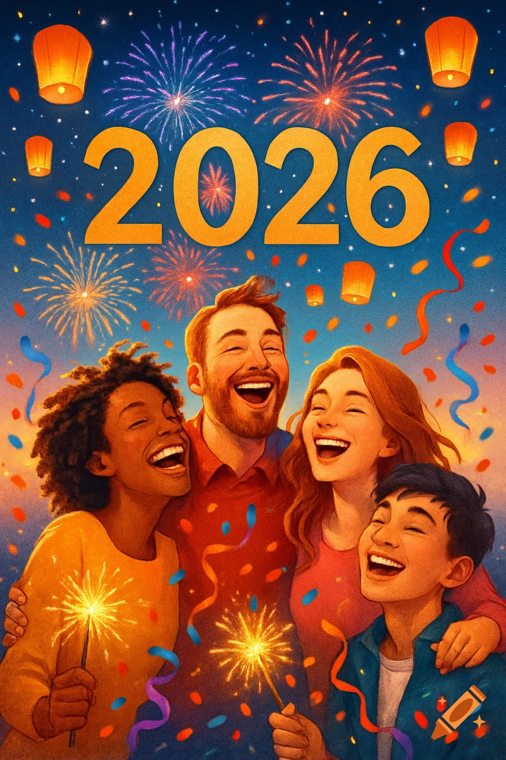 Four diverse people laugh, holding sparklers under fireworks and lanterns, with '2026' prominent, celebrating New Year's Eve in an illustration.