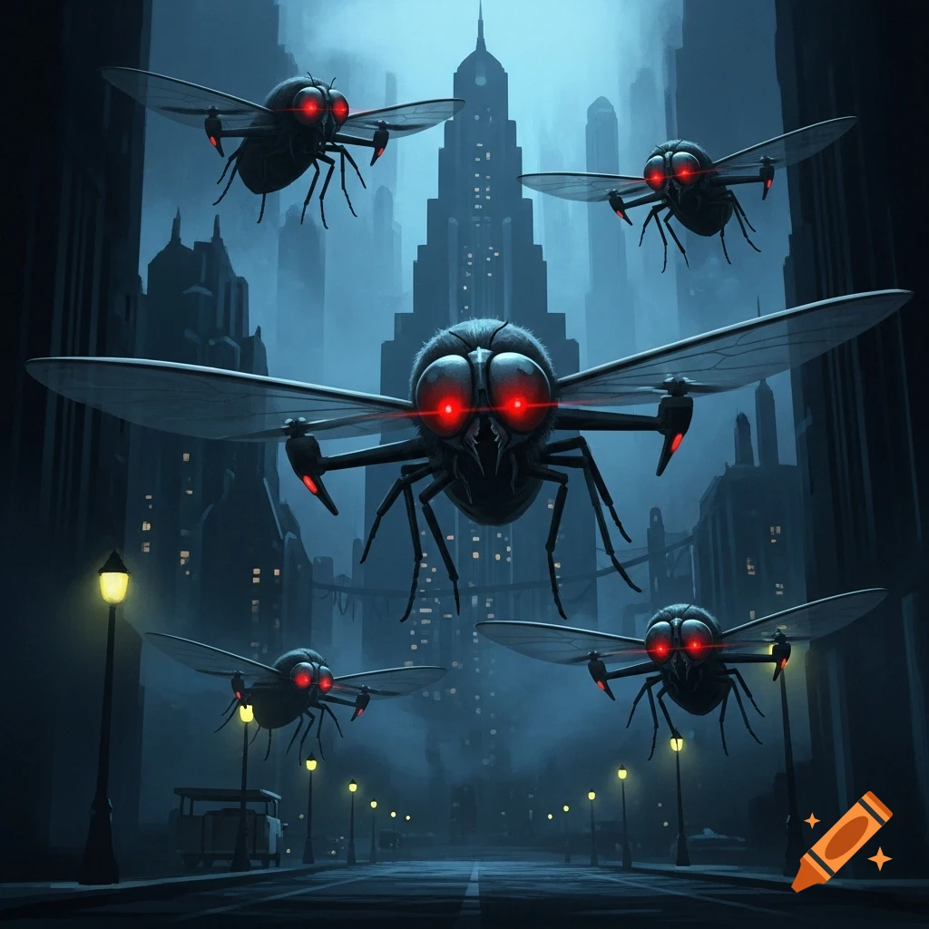Four insect-like drones with glowing red eyes hover over a dark, foggy city street at night, with tall buildings in a noir style.