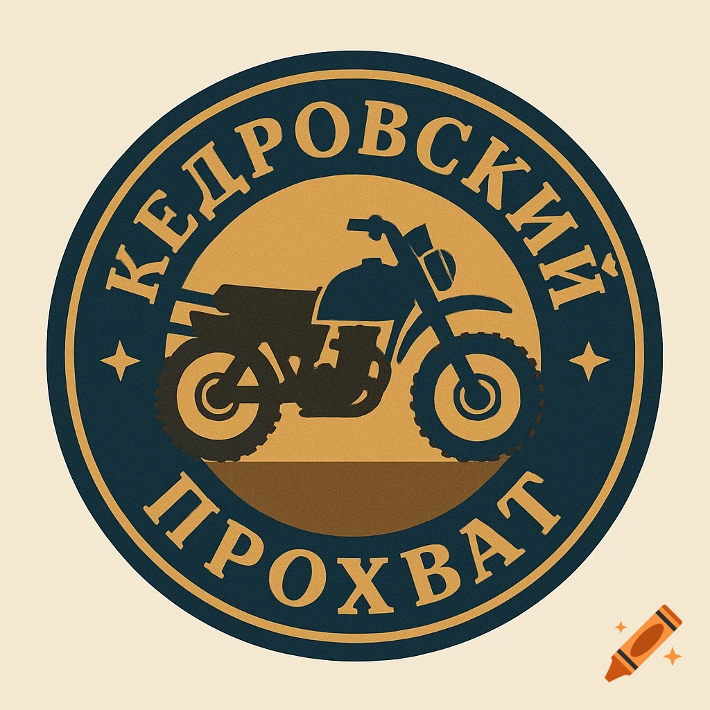 A vintage-style circular badge logo with a dark blue border, gold inner ring, and a brown center featuring a black silhouette of an enduro motorcycle. Cyrillic text "КЕДРОВСКИЙ ПРОХВАТ" curves along the top and bottom.