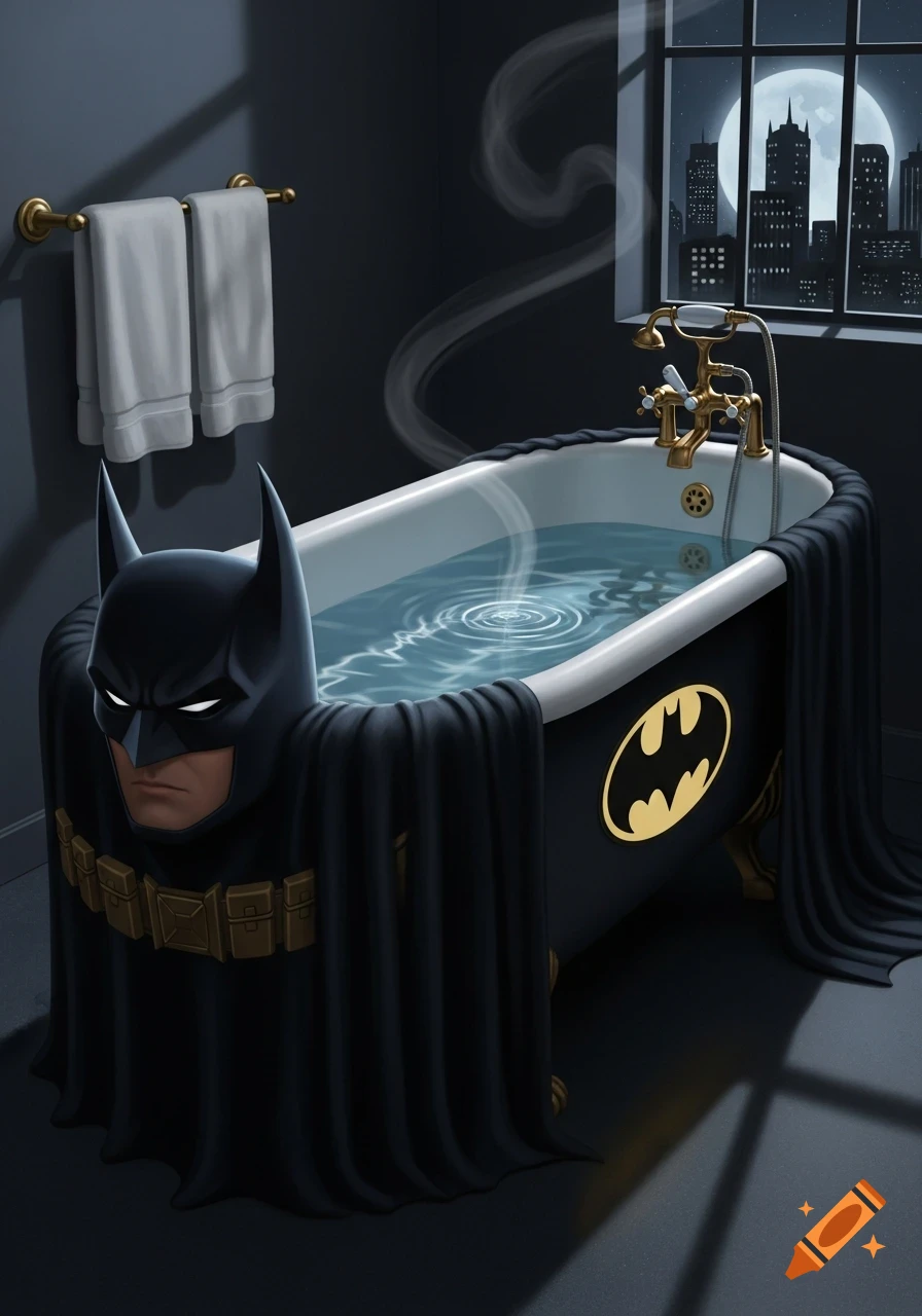 A bathtub dressed as Batman, with the superhero's cowl and cape, filled with steaming water, in a bathroom with a city view at night.