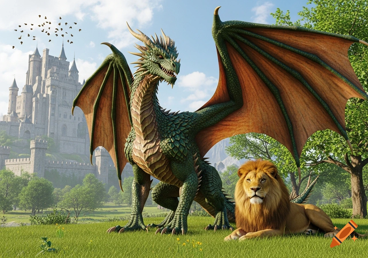A realistic 3D render of a green dragon standing next to a lying lion in a grassy landscape with a large castle in the background.
