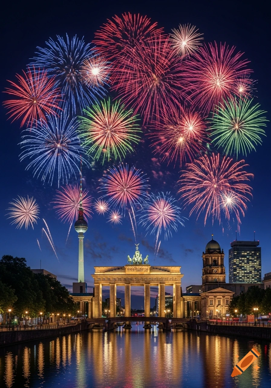 Fireworks explode over the illuminated Brandenburg Gate and Berlin TV Tower at dusk, with reflections in the river.