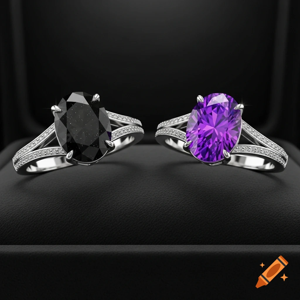 Two rings with oval-cut gemstones, one black and one purple, on a split-shank band with pave diamonds, presented on a black surface.