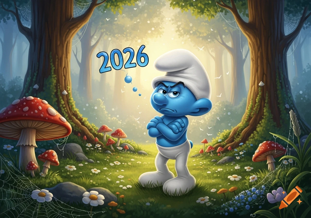 A grumpy Smurf stands arms crossed in a vibrant fantasy forest with large trees, red mushrooms, and flowers, with '2026' floating above its head.