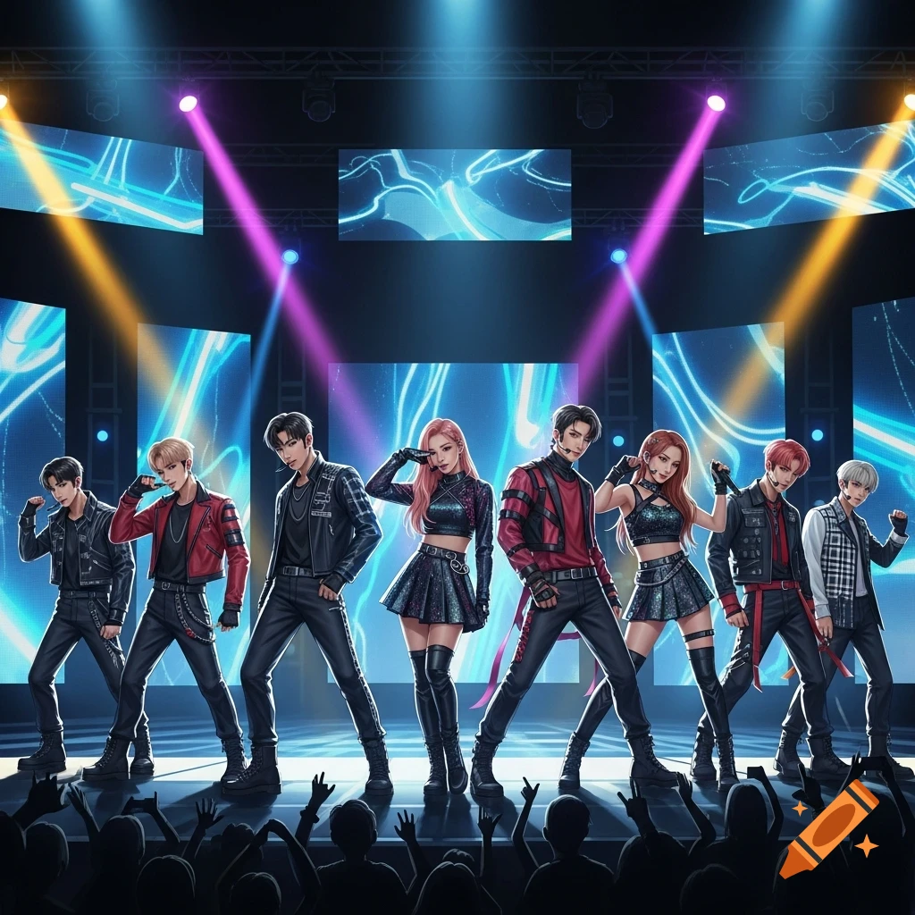 A stylized Kpop group of seven members performs on a brightly lit stage with abstract blue screens and an audience.
