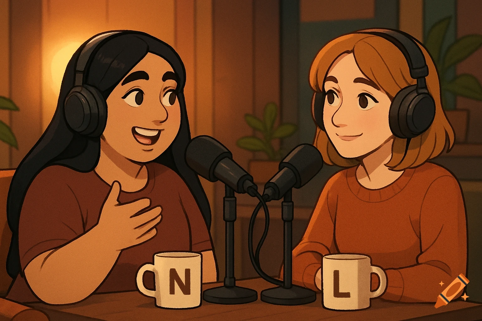 An animated illustration of two women wearing headphones, sitting at a table with microphones and mugs labeled 'N' and 'L', podcasting.