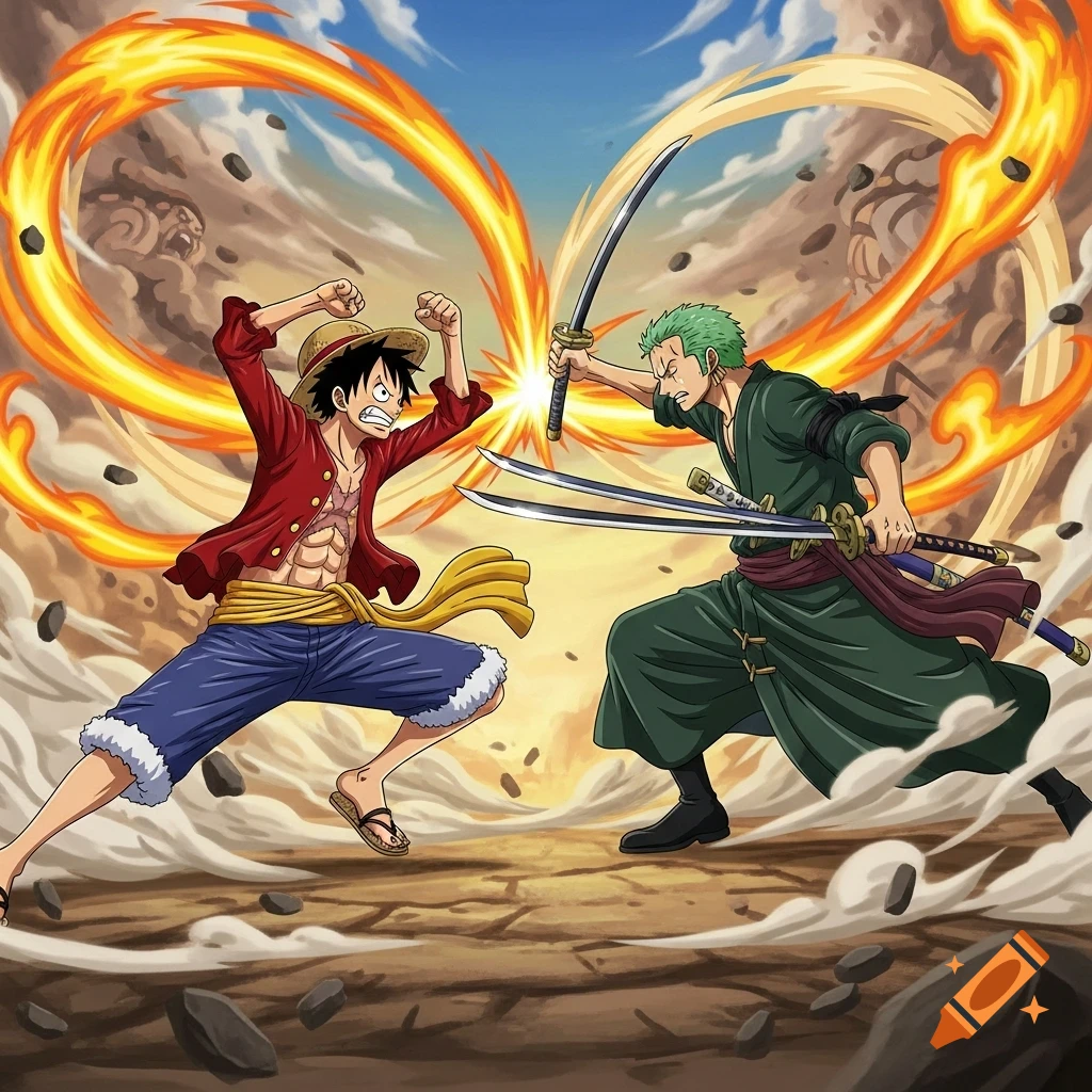 Anime characters Luffy and Zoro from One Piece clash in a dynamic fight scene with fire and debris.