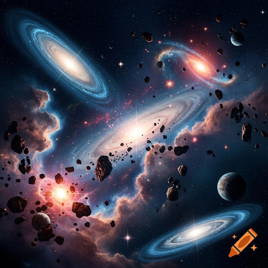 Vibrant cosmic scene with multiple spiral galaxies, glowing nebulae, planets, and scattered asteroids in deep space.
