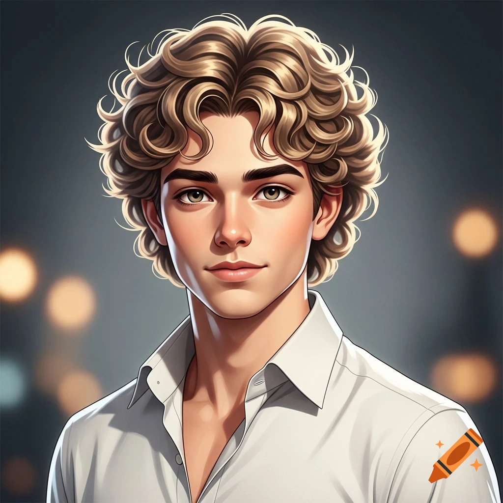 A cartoon-realistic portrait of a handsome young man with curly blond hair and green eyes, wearing a white shirt.