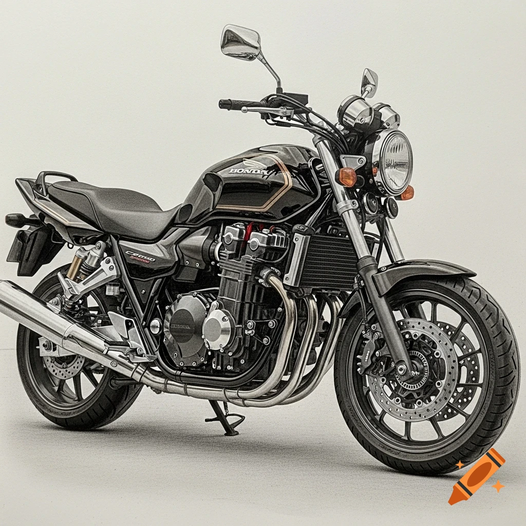 Detailed pencil drawing of a black Honda CB1300 motorcycle on a white background, viewed from the front-right.