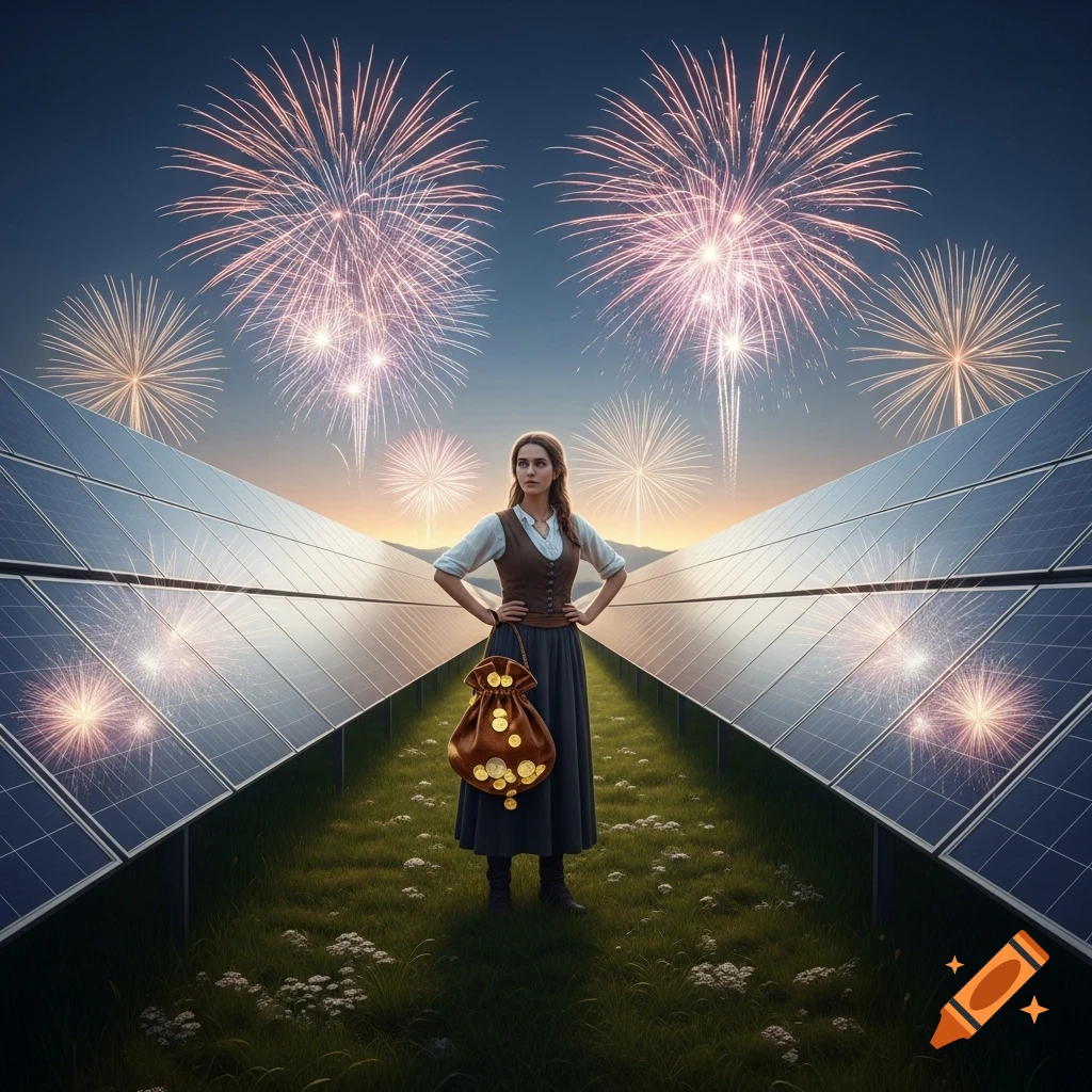 A woman holds a bag of gold coins between rows of solar panels under a night sky with fireworks.