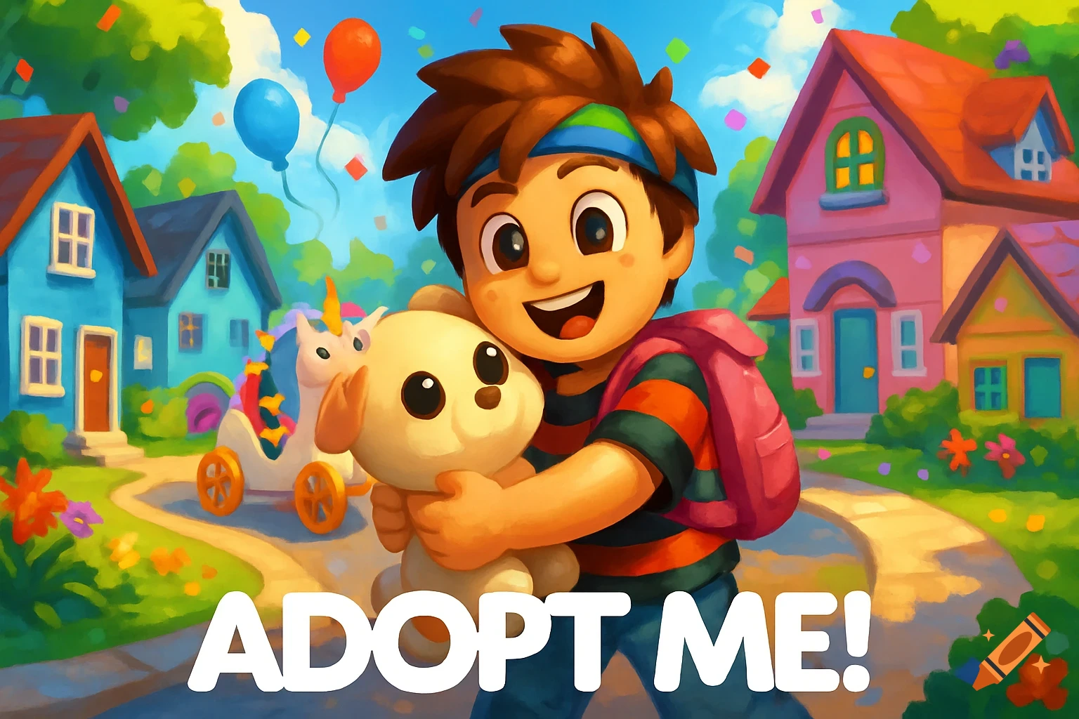 A happy cartoon boy hugs a plush puppy in a colorful neighborhood with the text 'ADOPT ME!' overlaid.