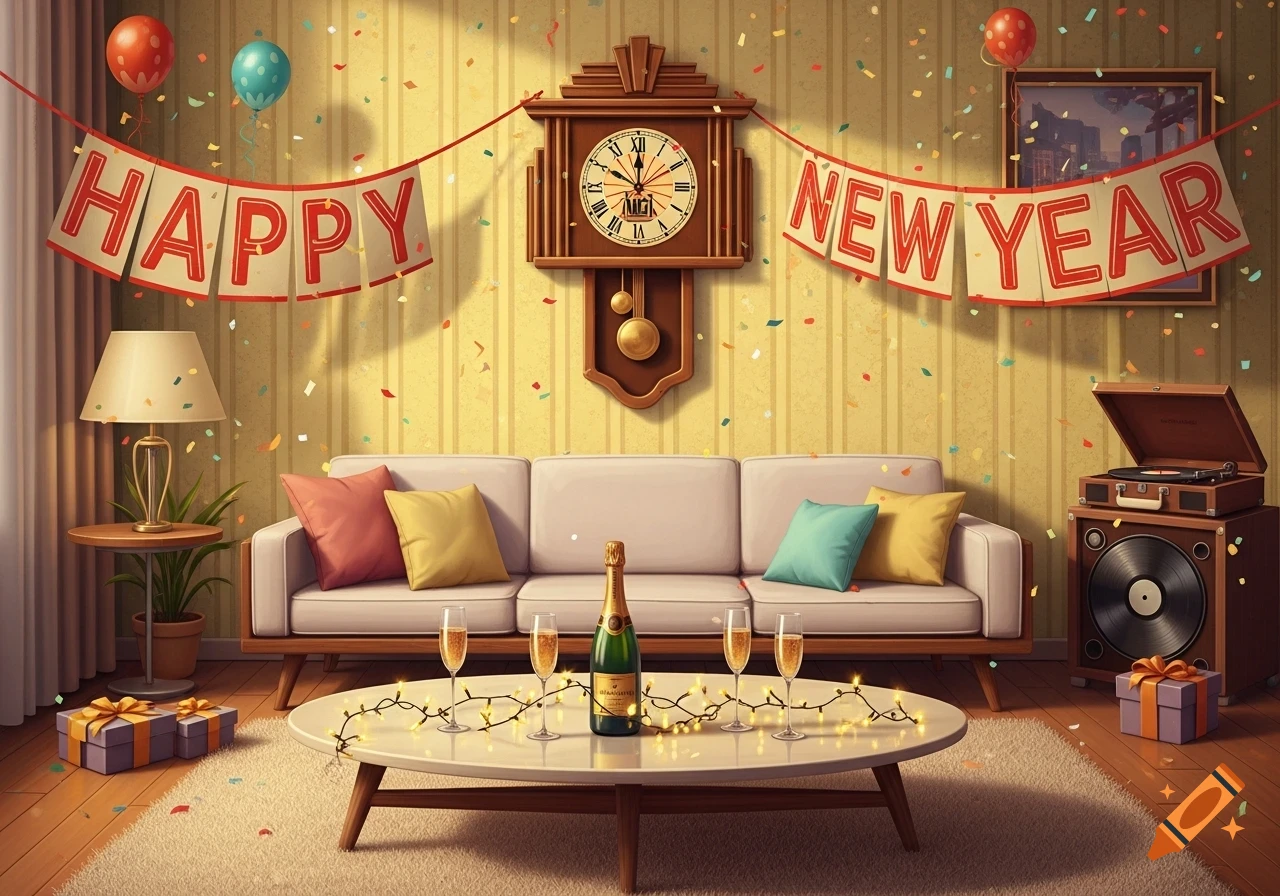 A retro-style living room decorated for New Year's Eve with a 'Happy ...