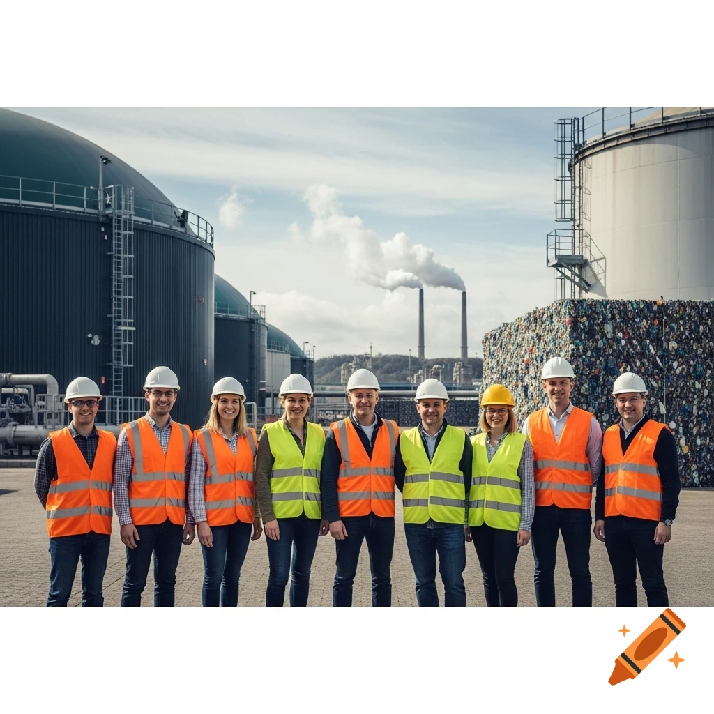 Group of workers in hard hats and safety vests smiling at an industrial site with tanks, chimneys, and a pile of waste.