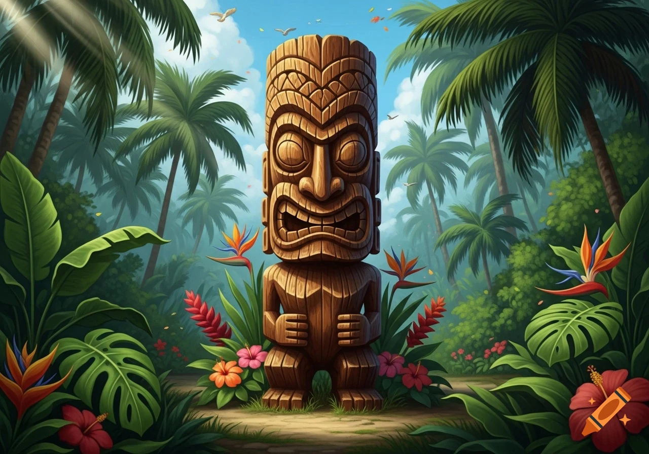 Stylized illustration of a carved wooden tiki statue in a vibrant tropical jungle with palm trees and exotic flowers.