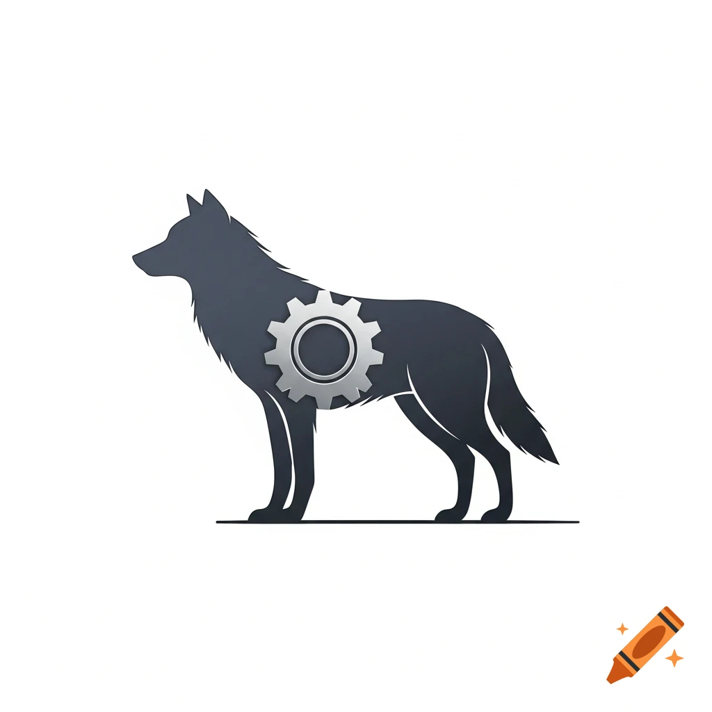 A minimalist dark grey wolf silhouette with a silver gear symbol on its side, against a white background.