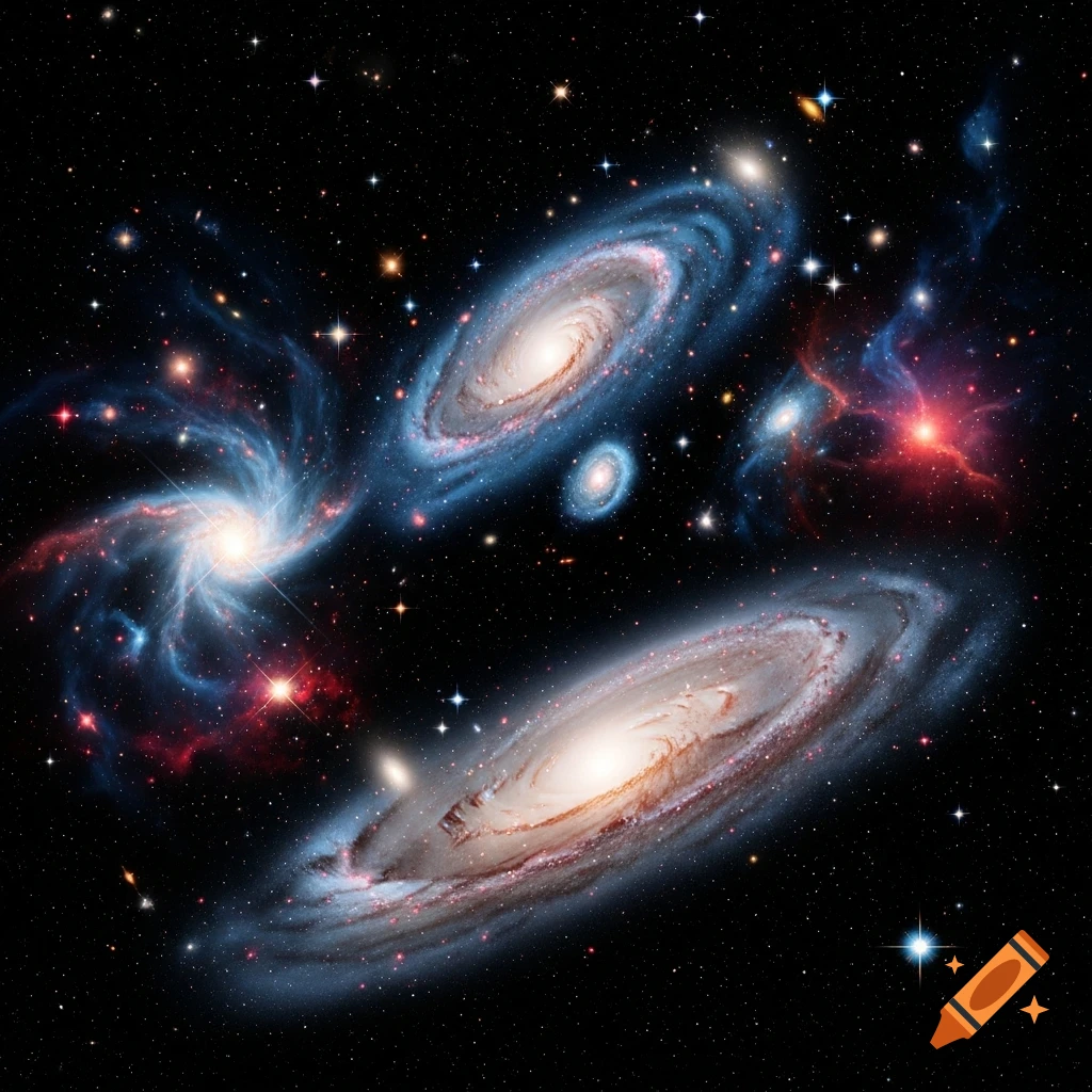 Multiple spiral galaxies and nebulae with glowing stars against a dark cosmic background.